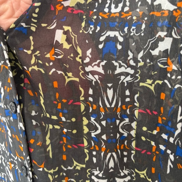 CAbi festival geometric print semi sheer bling sleeve buttons down blouse size S - Picture 10 of 12